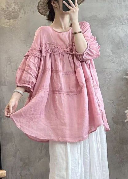 Simple Pink Lace Up Cotton T Shirt Long Sleeve