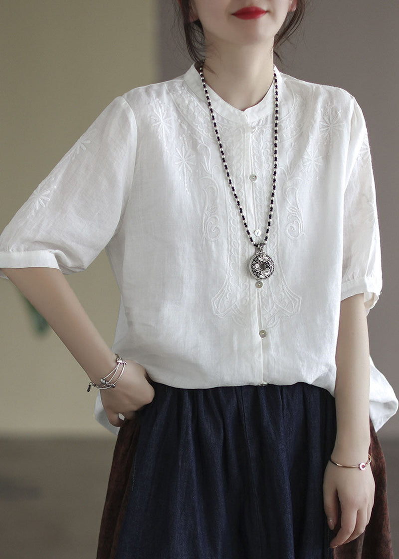 French White Button Embroidered Cotton Shirts Half Sleeve