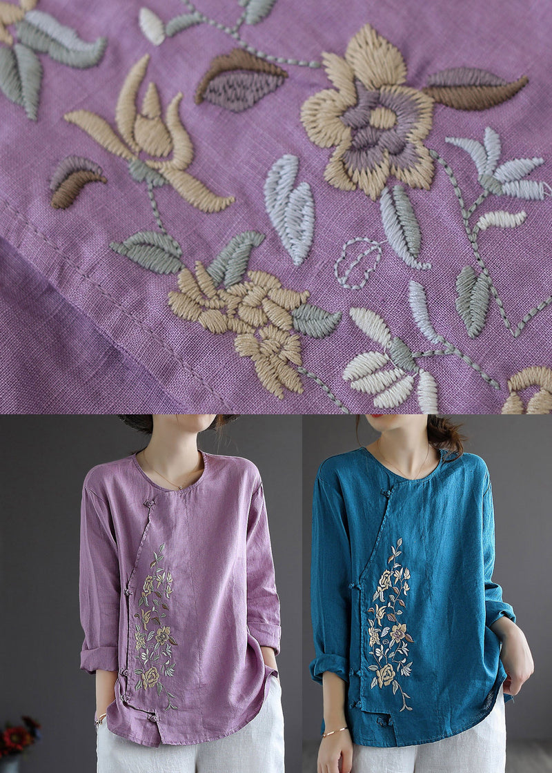Purple Button O-neck Linen Tops Long Sleeve