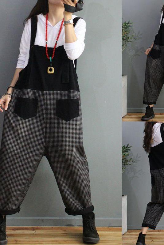 Denim Cotton Plaid Stitching Overalls Dungarees Jumpsuit