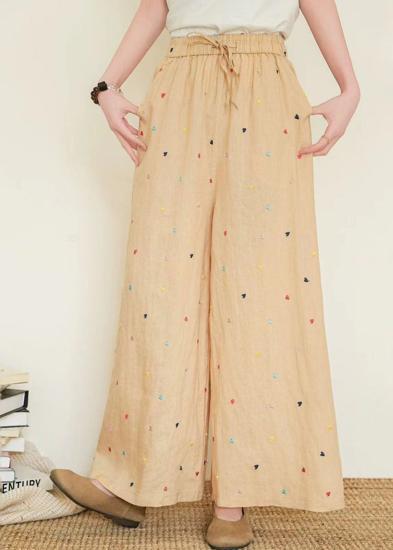 Black Embroidered Linen Wide Leg Pants Summer