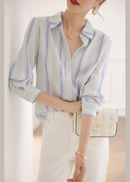 Blue Peter Pan Collar Striped Cotton Blouse Top Spring