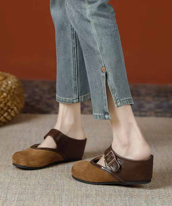 Splicing Wedge Brown Suede Slide Sandals
