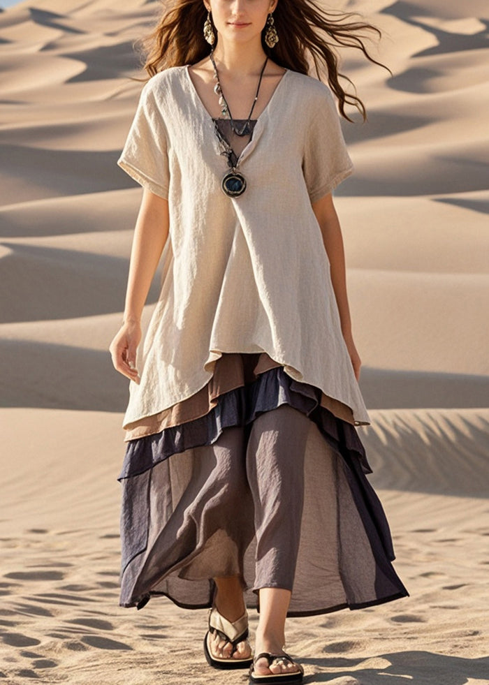 Apricot Oversized Patchwork Cotton Fake Two Piece Dress Summer