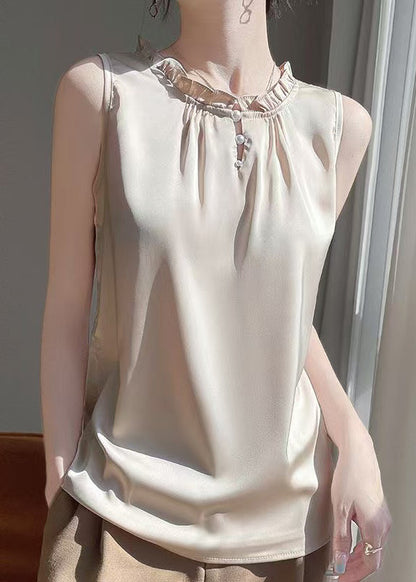 Simple Champagne Color O-neck Pearl Button Silk Shirt Summer
