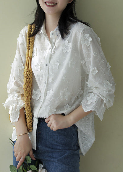 French White Peter Pan Collar Embroidered Button Cotton Shirts Long Sleeve