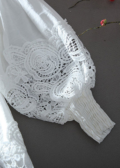 French White O-neck Wrinkled Patchwork Hollow Out Shirt Long Sleeve