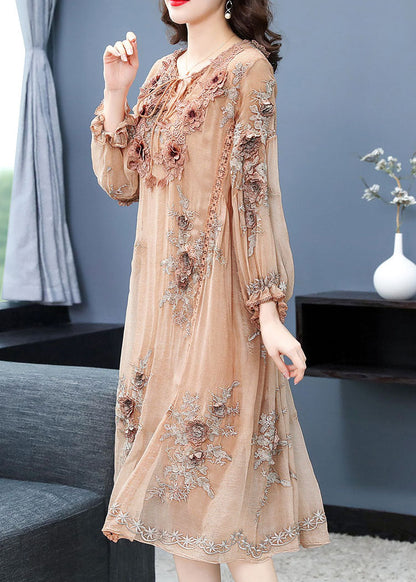 Handmade Apricot V Neck Embroidered Silk Maxi Dress Long Sleeve