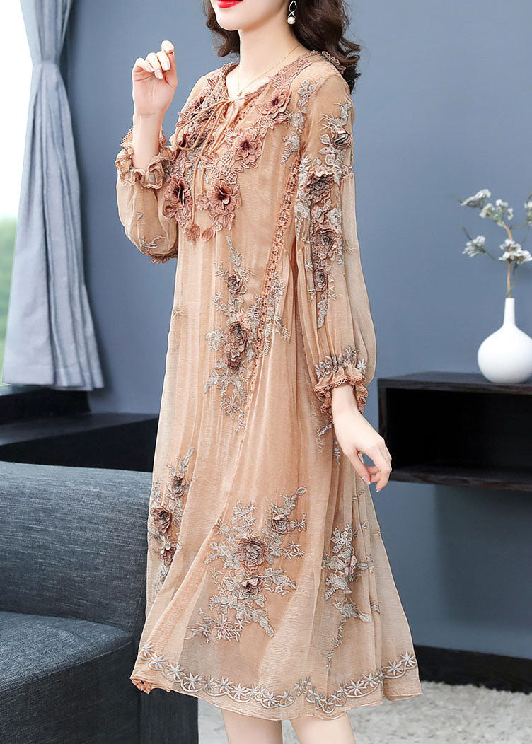 Handmade Apricot V Neck Embroidered Silk Maxi Dress Long Sleeve