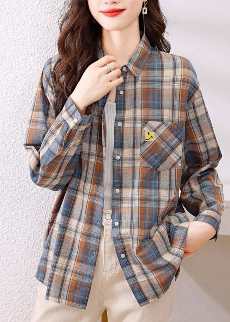 Peter Pan Collar Plaid Cotton Shirts Top Spring