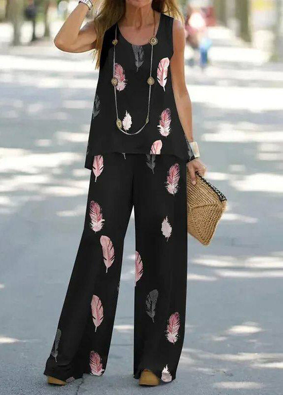 Blue U Neck Print Vest and Wide Leg Pants Two Pieces Set Summer
