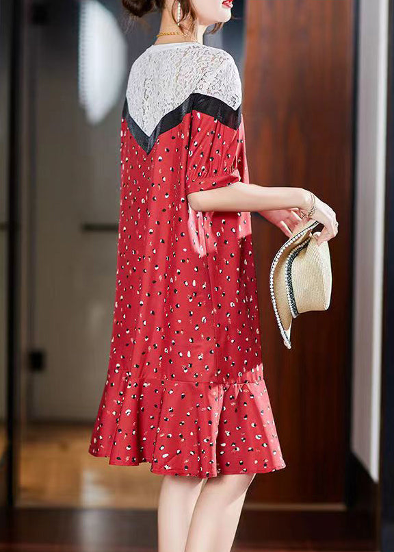 Stylish Red O-neck Lace Patchwork Long Dress Short Sleeve