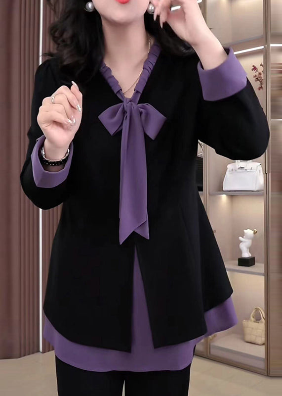 Purple Bow Patchwork Spandex Fake Two Piece Shirt Tops Fall