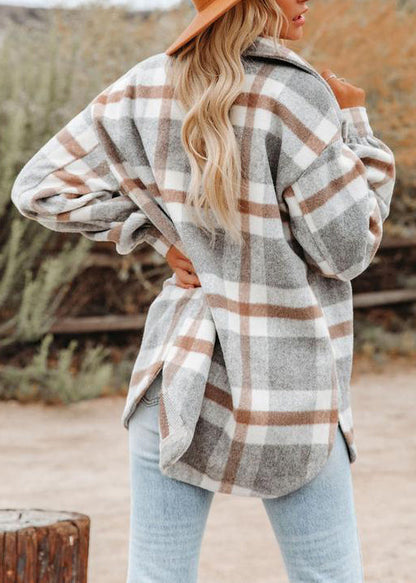 Stylish Light Grey Peter Pan Collar Pockets Plaid Woolen Coat Fall