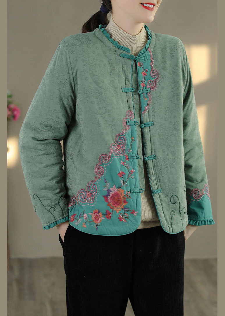 Green Ruffled Embroidered Fine Cotton Filled Coats Spring