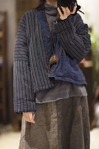 New Retro Linen Striped Stitching Cardigan Cotton Jacket