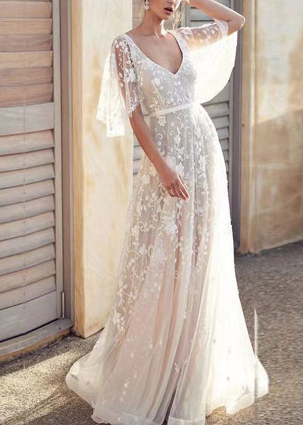 Stylish White V Neck Backless Lace Dresses Summer