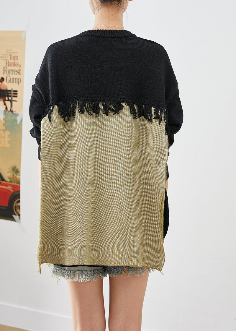 Black Asymmetrical Patchwork Tasseled Knitted Tops Winter