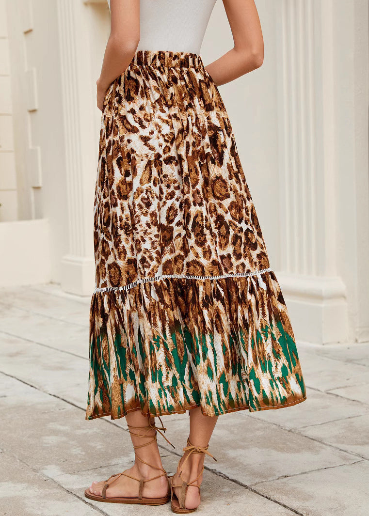 Leopard Print Wrinkled Patchwork Cotton Skirt Summer