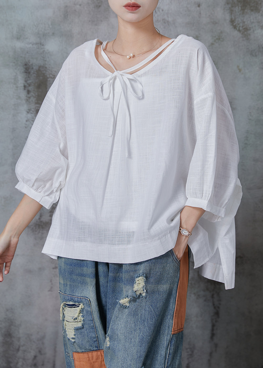 White Oversized Cotton Shirt Tops Bracelet Sleeve