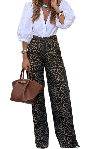 Leopard High Waist Denim Straight Pants Fall