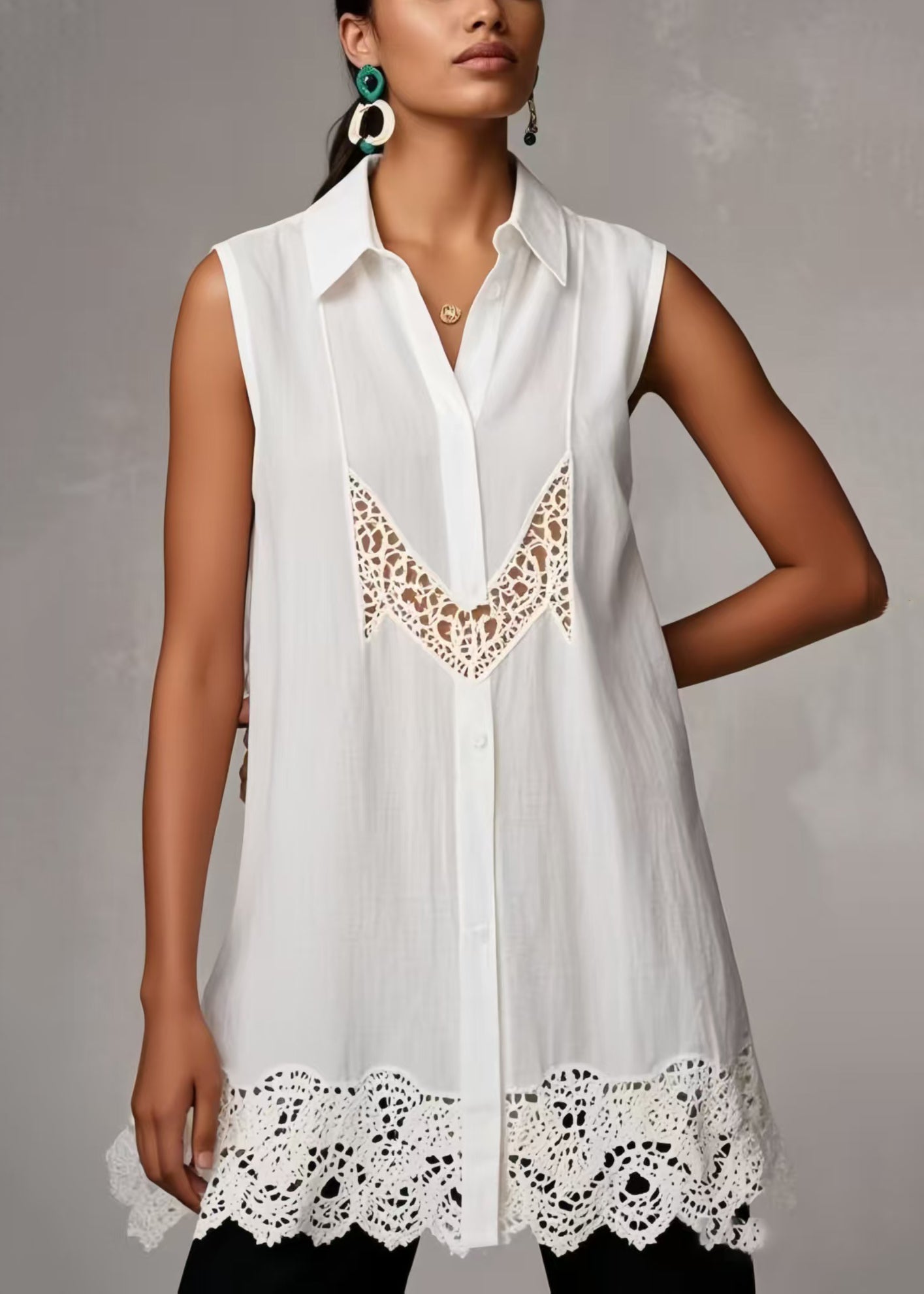 White Hollow Out Patchwork Lace Shirts Sleeveless