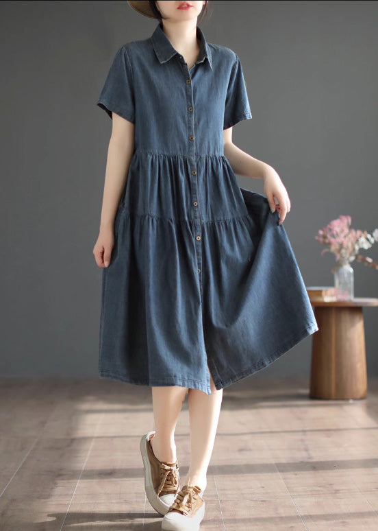 Retro Blue Patchwork Silk Vacation Denim Long Shirt Dresses Summer