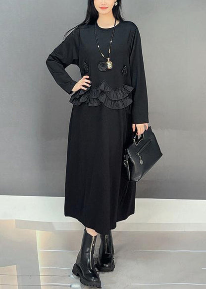 Loose Black O-neck Ruffled Patchwork Cotton Long Dresses Fall