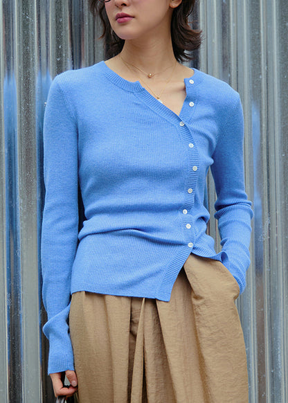 Coffee O Neck Button Slim Fit Woolen Knit Top Fall