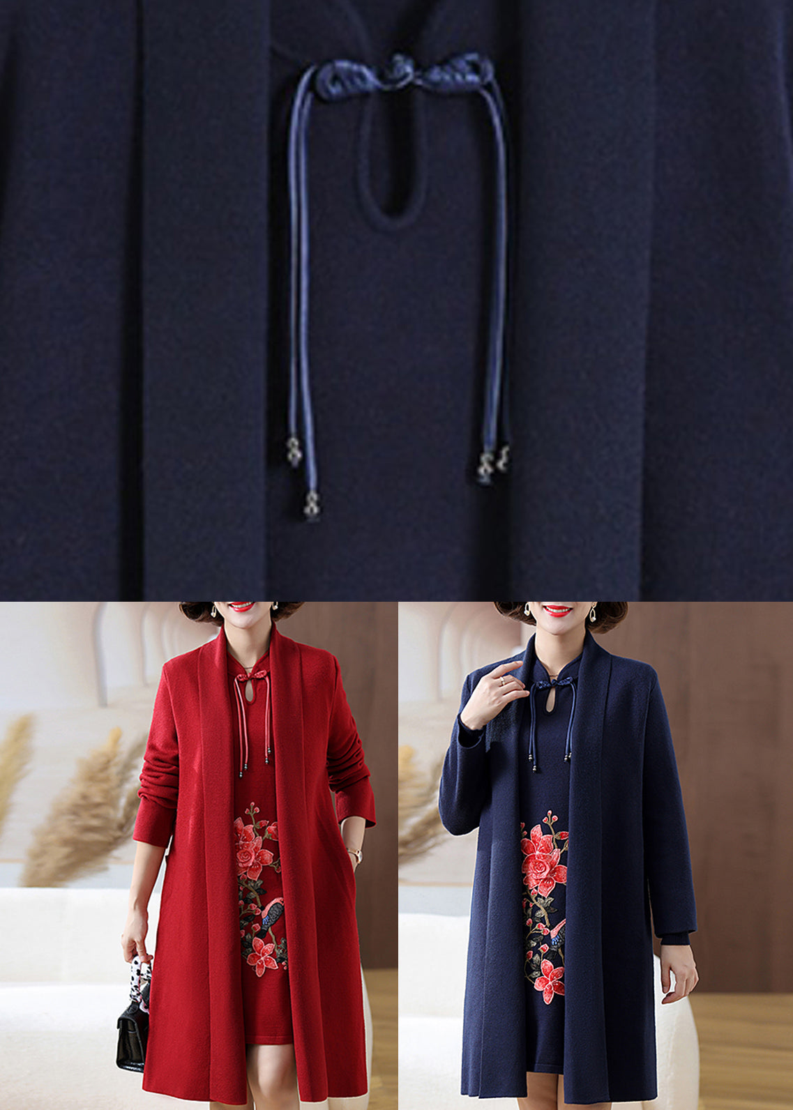 Black V Neck Button Woolen Cardigans and Mid Dress Two Pieces Set
