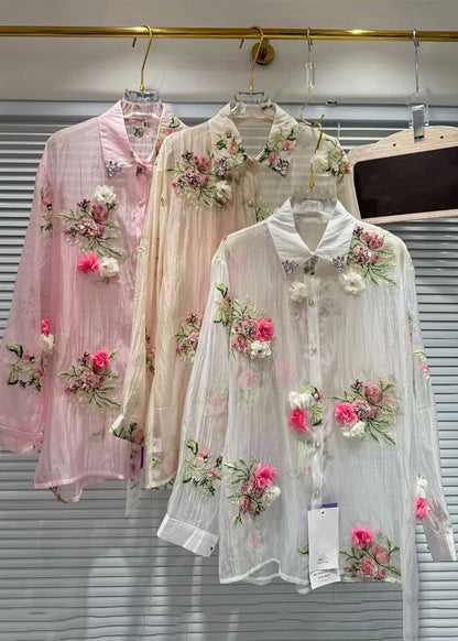 Pink Zircon Patchwork Cotton Shirts Summer