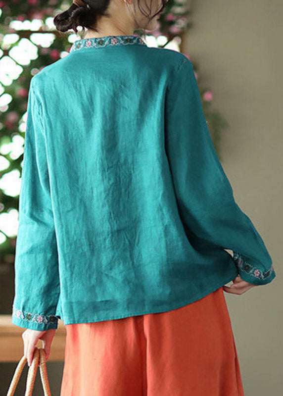 Blue O-neck Print Button Linen Shirt Long Sleeve