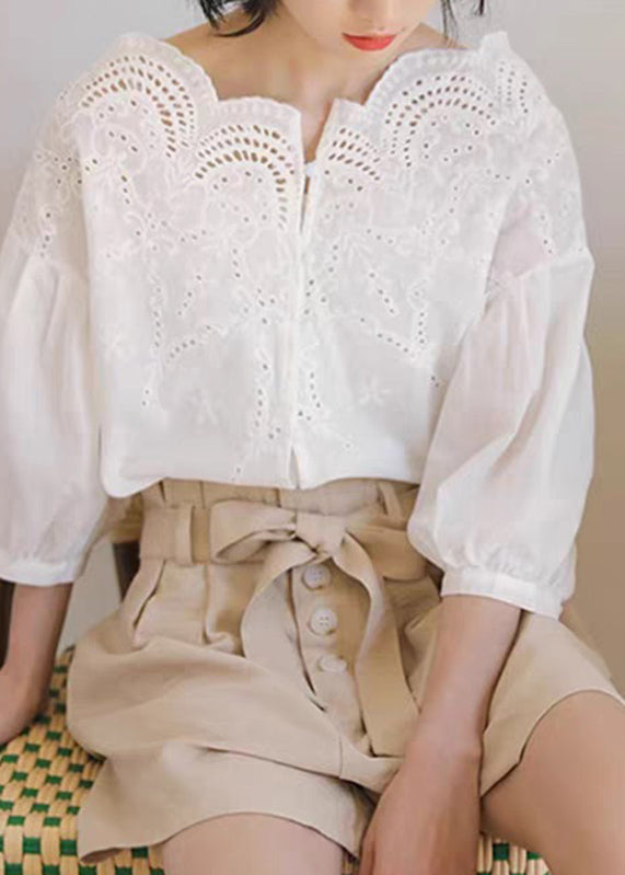 Unique White Hollow Out Shirts Puff Sleeve