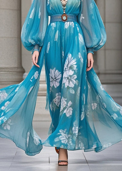 Blue Cinched Print Chiffon Robe Dresses Lantern Sleeve