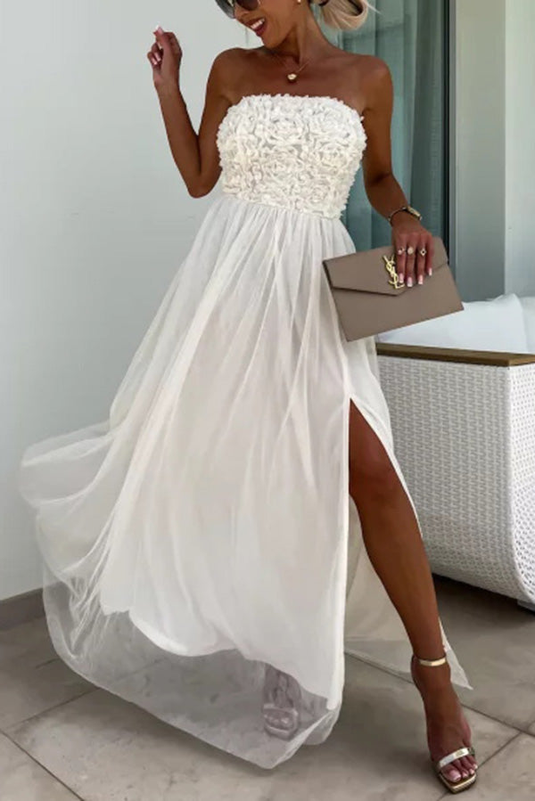 Romance and Lightness Tulle Texture Pleated Patchwork Strapless Slit Maxi Dress