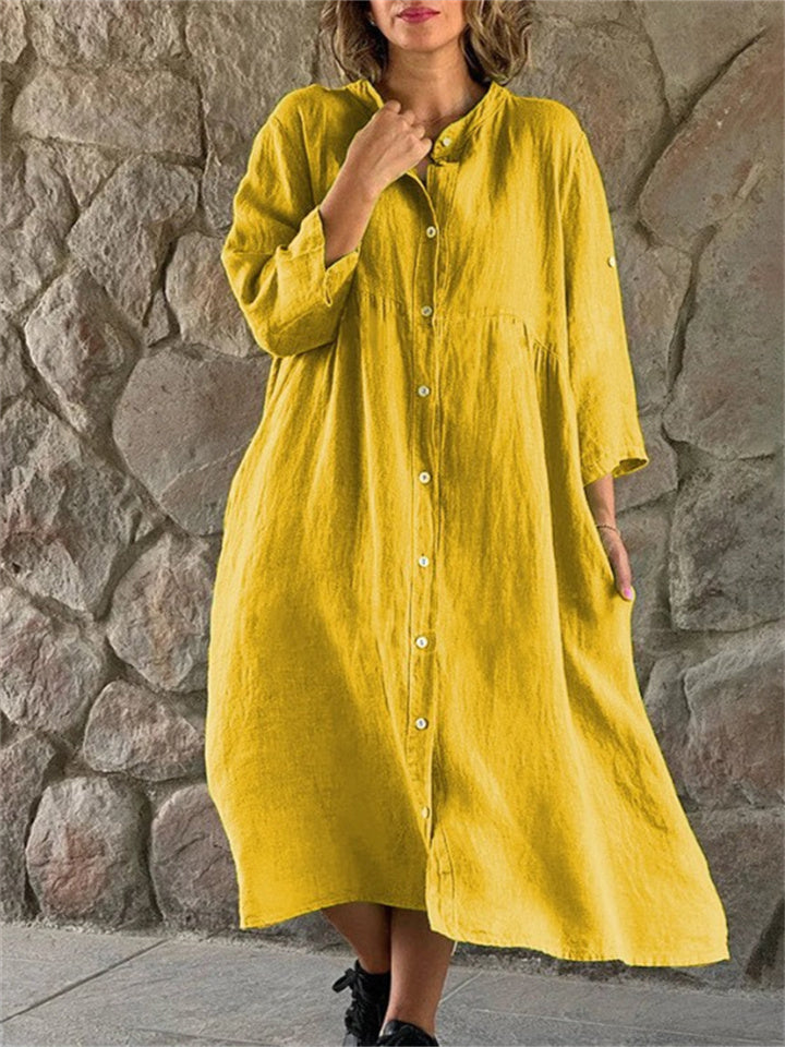 New Seven-quarter Sleeve Cotton and Linen Color Collar Buttons Long Dresses