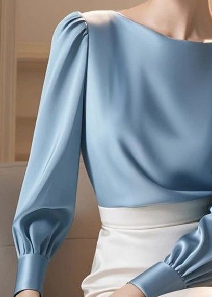 Slim Fit Blue Original Design Silk Shirt Fall