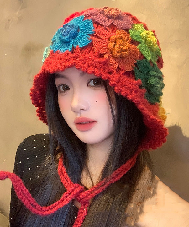 Style Red Flower Hollow Knitted Boonie Hat