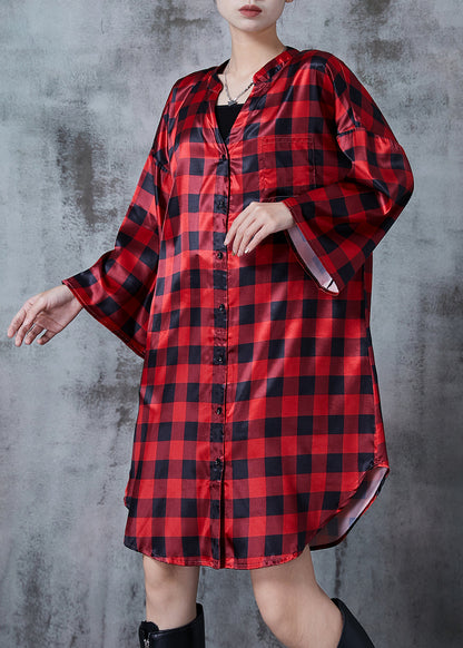 Red Oversized Plaid Shirt Dresses Fall