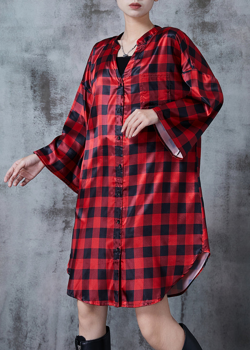 Red Oversized Plaid Shirt Dresses Fall