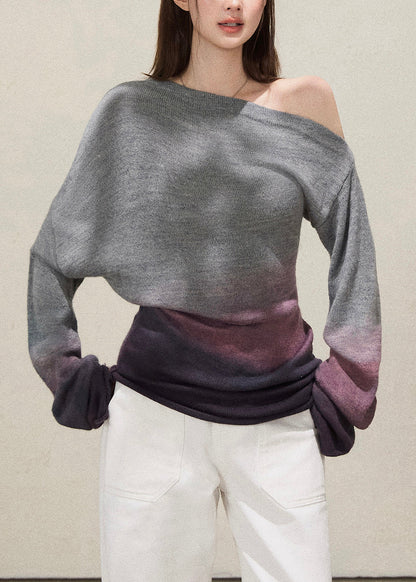 Grey Cold Shoulder Tie Dye Knitted Tops Fall
