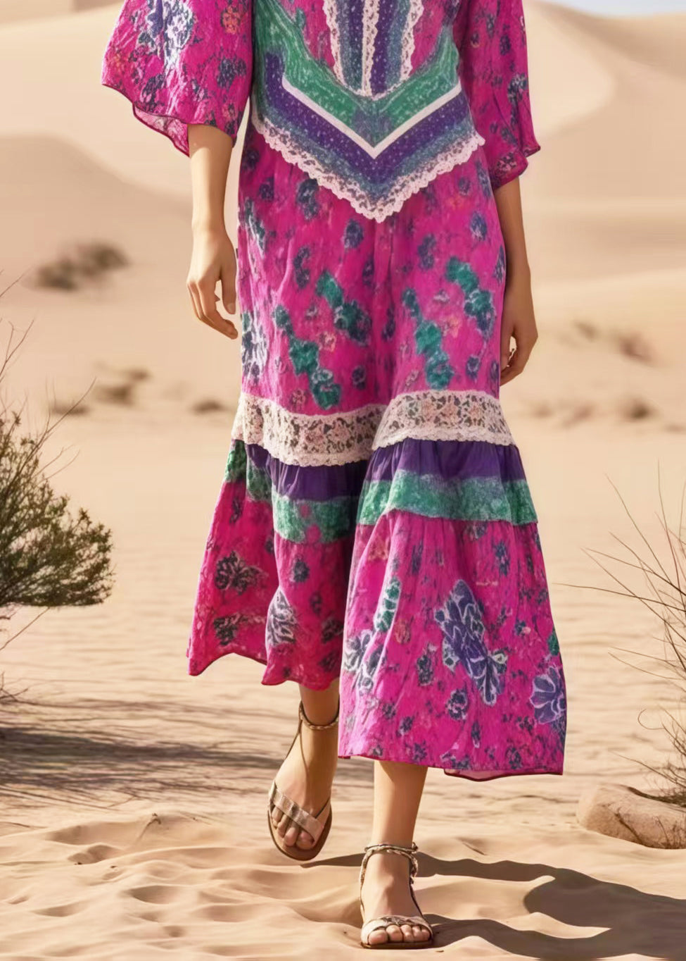 Rose Print Patchwork Cotton Vacation Dresses Summer