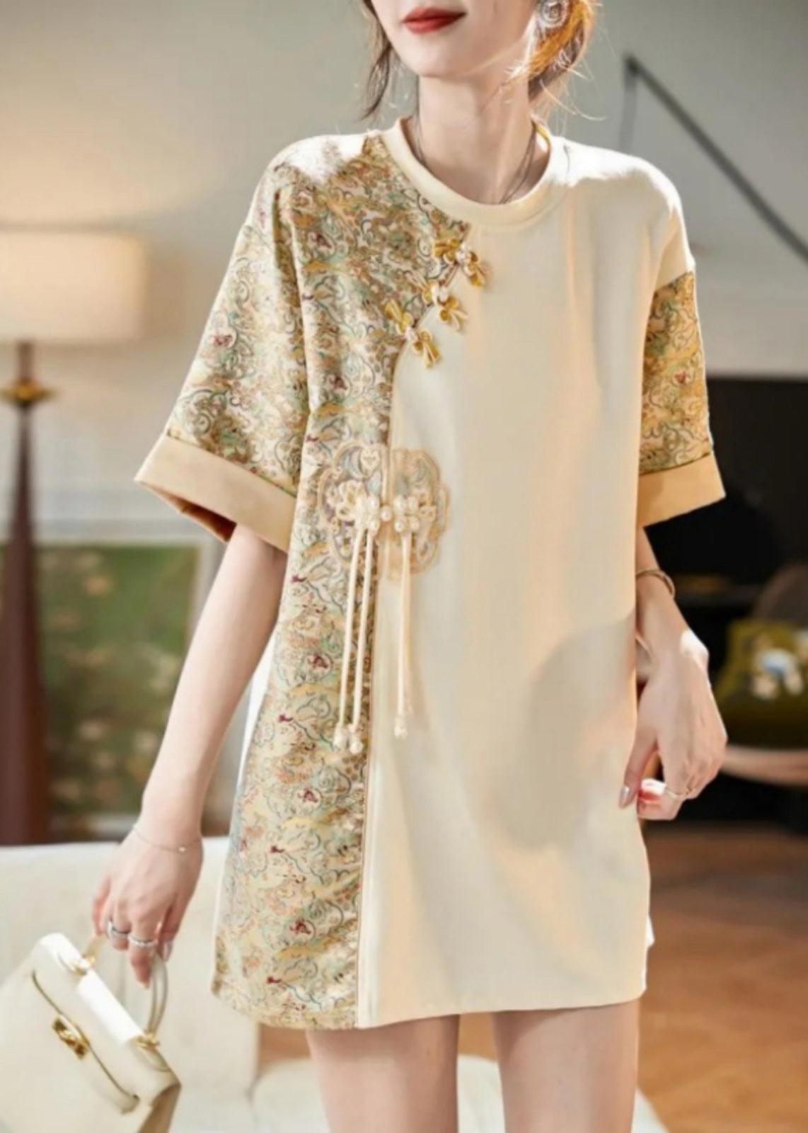 Beige O-neck Print Tassel Button Shirts Short Sleeve