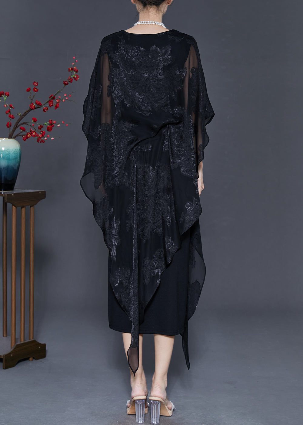 Black Cold Shoulder Jacquard Silk Dresses Summer