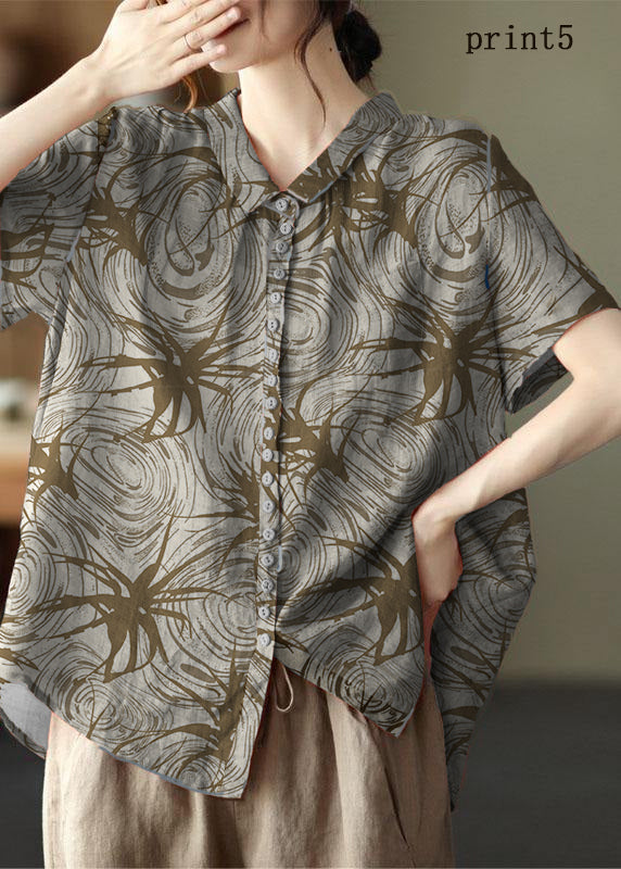 Print1 Peter Pan Collar Pockets Patchwork Ramie Cardigan
