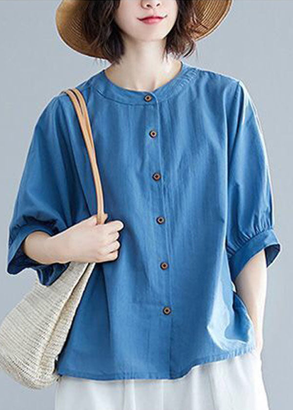 Navy O-neck Button Linen Blouses Half Sleeve