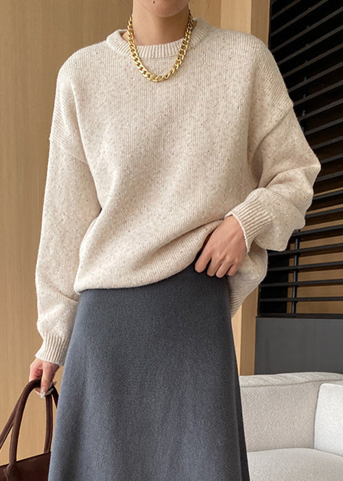Loose Apricot O Neck Cozy Knit Sweaters Fall