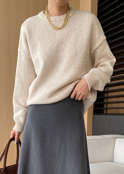 Loose Apricot O Neck Cozy Knit Sweaters Fall