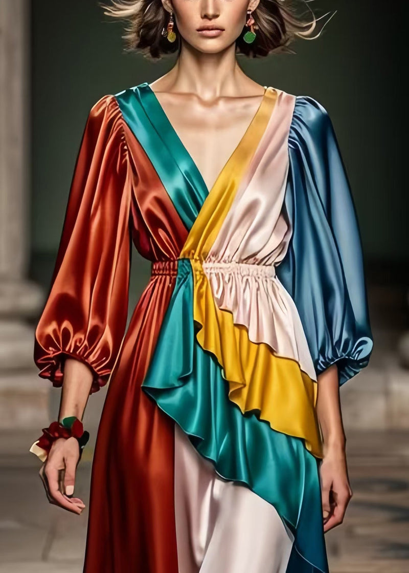 Diy Colorblock Elastic Waistpatchwork Silk Long Dress Bracelet Sleeve