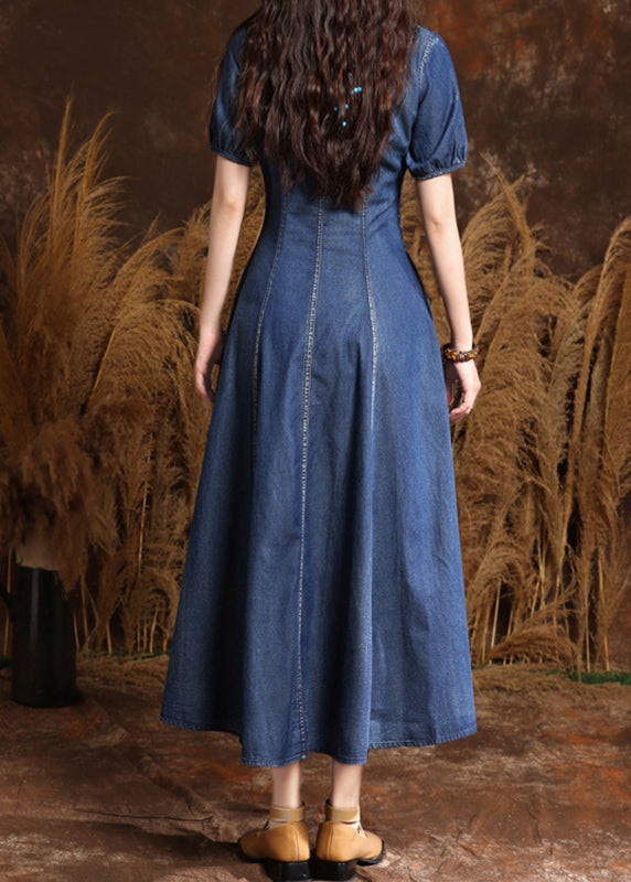 Navy Peter Pan Collar Embroidered Button Denim Maxi Dresses Summer